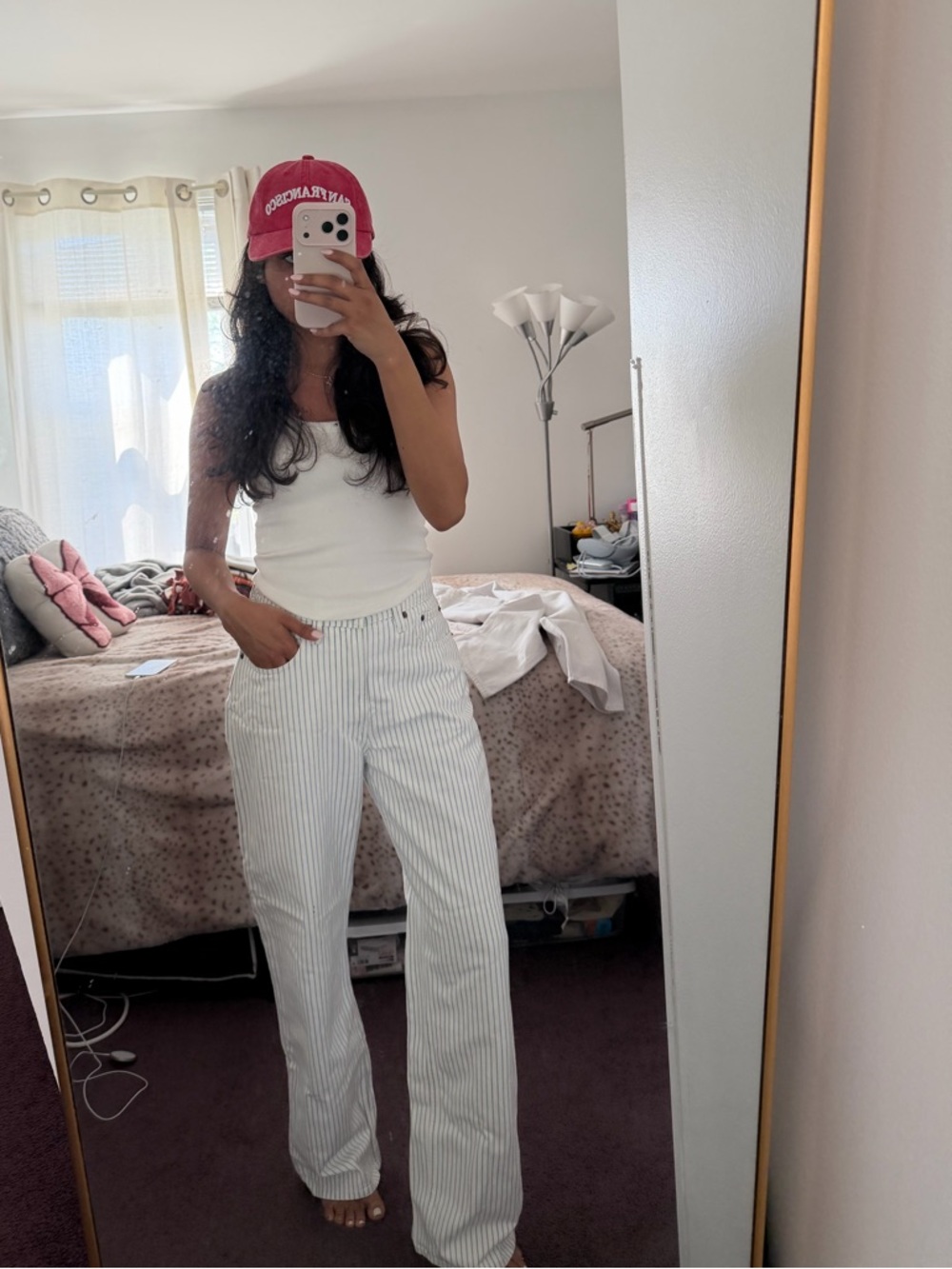 Abercrombie & Fitch White Blue Pinstripe loose high rise Jeans for Women
